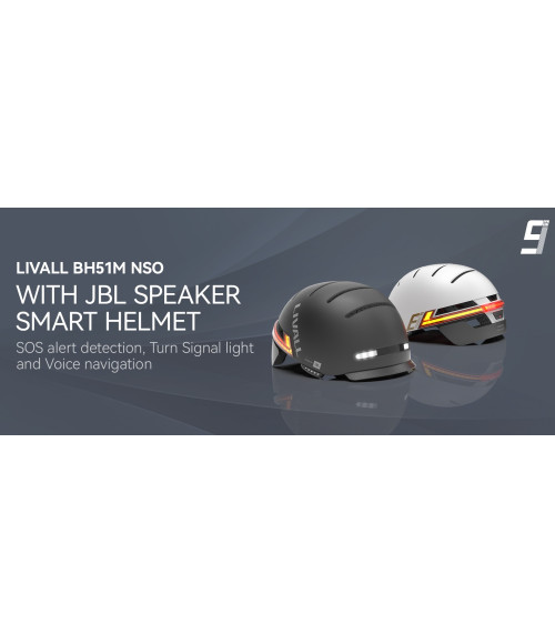 Smart kask Livall BH51M NSO z audio JBL – grafika prezentująca alert SOS, kierunkowskazy i nawigację głosową