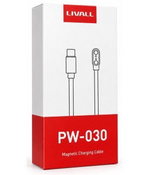 Opakowanie kabla Livall PW-030 Magnetic Charging Cable z rysunkiem złącza USB-C i końcówki magnetycznej